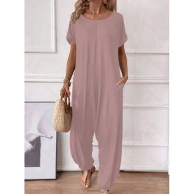 Short-sleeved One-piece Pants (Option: Pink-XL)