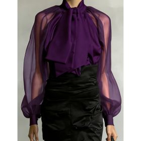 Women's French Retro Style Flowy Collar Slightly Sheer Puff Sleeve Loose Shirt (Option: Purple-XL)