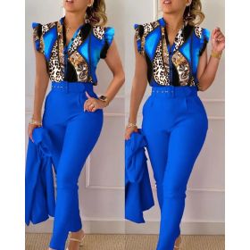 Printed Ruffle Sleeve Top Solid Color Pants Suit With Belt (Option: Blue leopard print-XXL)