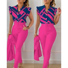 Printed Ruffle Sleeve Top Solid Color Pants Suit With Belt (Option: Rose Red-XXL)