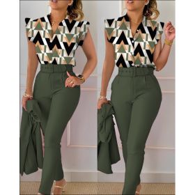 Printed Ruffle Sleeve Top Solid Color Pants Suit With Belt (Option: Printed in army green pattern-S)