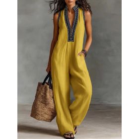 Women's Simple Linen-blend Sleeveless Jumpsuit (Option: XL-Yellow)