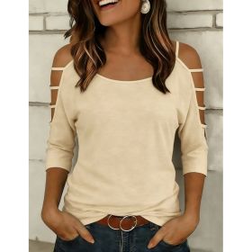 Womens Round Neck Three-Quarter Sleeve, Off-Shoulder Loose Top (Option: Apricot-XXL)