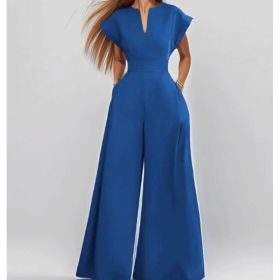 Women's Elegant Solid Color And V-neck Sleeveless Waist Wide-leg Jumpsuit (Option: M-Blue2)