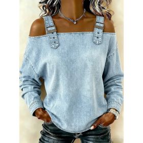 Women's Off-shoulder Strap Long-sleeve Top (Option: Light Blue-M)