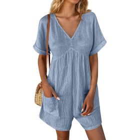 Womens Summer Romper Casual Short Sleeve V Neck Short Jumpsuits With Pockets (Option: Sky Blue-S)