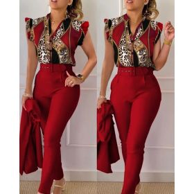 Printed Ruffle Sleeve Top Solid Color Pants Suit With Belt (Option: Wine Red-S)