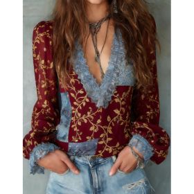 French Retro Style Printed Lace Patchwork Shirt For Women (Option: Red-XXL)