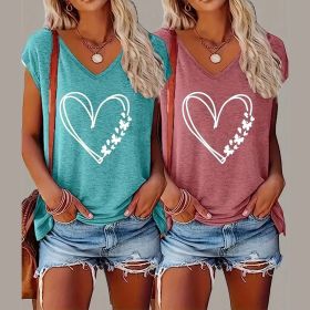 2-Pack Women's V-Neck T-Shirts Floral & Heart Print, Soft Breathable Summer Tops, Casual Streetwear (Option: 2pcs-S)