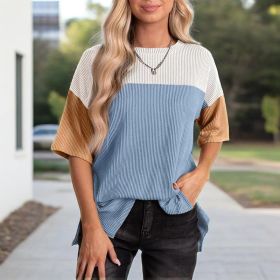 Women's Color Block Casual T-Shirt Short Sleeve Crew Neck Loose T-Shirt Top (Option: Blue-S)