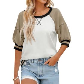 Fisoew Womens Crewneck Sweatshirt Ribbed Raglan Half Sleeve Pullover Tops Color Block Loose Fit Sweatshirts (Option: Khaki-L)
