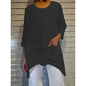 2026 Cross-border Summer New Women's Plus Size Elegant Series Loose Garden Collar Long-sleeved Top T-shirt (Option: Black-2XL)
