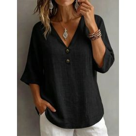 V-neck Button-up Loose-fitting Top For Women (Option: Black-3XL)