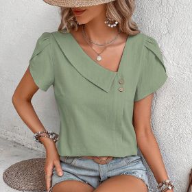 Womens Dressy Casual Petal Sleeve Asymmetrical V Neck Work Shirts Blouse Tops (Option: Green-S)