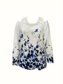 Spring And Autumn New Casual Plant Print Lace Trim Off-shoulder Long Sleeve Top (Option: S)