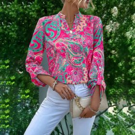 Women's 2025 Fashion V-Neck Tops Long Sleeve Business Casual Blouses Summer Tees Shirts (Option: Rose Red-S)
