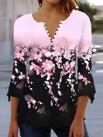 Spring And Autumn New Printed Spike Button Irregular Three-quarter Sleeve T-shirt Casual Top (Option: Pink-S)