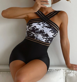 Ladies' Printed One-piece Cross Fashion Jumpsuit (Option: Black-L)