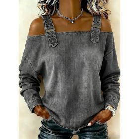 Women's Off-shoulder Strap Long-sleeve Top (Option: Gray-S)