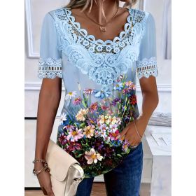 Women's Lace-Patchwork Crew-Neck Short-Sleeve T-Shirt (Option: 07313color-S)