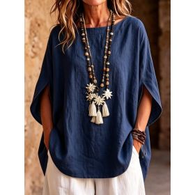 Womens Fashionable Solid-color Round-neck Loose-fit Blouse (Option: Navy Blue-S)