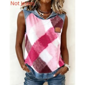 Casual Hooded Sleeveless Patchwork Denim-trimmed Loose-fitting Vest Sweatshirt For Women (Option: Rose Red-L)