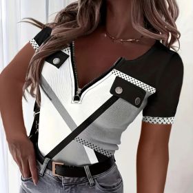 Women's Color Block Zipper T-Shirt, Casual Short Sleeve Summer Top (Option: Black Gray-XL)