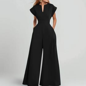 Women's Elegant Solid Color And V-neck Sleeveless Waist Wide-leg Jumpsuit (Option: M-Black)