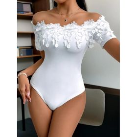 Women's Off Shoulder Short Sleeve Bodysuit Sexy Lace Bodycon Top (Option: White-XS)