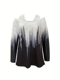 Spring And Autumn New Style Casual Gradient Color Printed Lace Edge Off-shoulder Long Sleeve Top (Option: S)