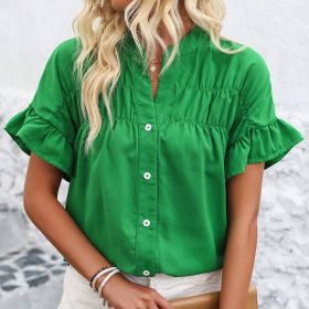 Womens Summer Ruffle Short Sleeve Button Down Shirts Dressy Casual V Neck Business Work Blouses (Option: Green-S)