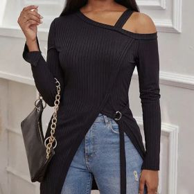 Ladies' Fashion Trend Asymmetrical High Neck Top, Casual Business Versatile, Solid Color Long Sleeved Clothes (Option: Black-S)