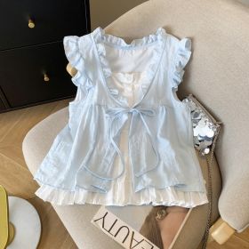 Ruffle-trimmed Age-reducing Loose-fit Puff-sleeve Doll Shirt (Option: Light Blue-S)
