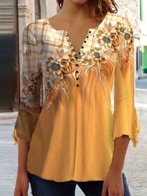 Spring And Autumn New Printed Spike Button Irregular Three-quarter Sleeve T-shirt Casual Top Yellow (Option: Yellow-S)