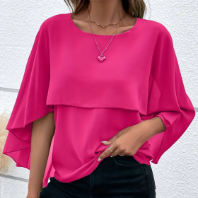 Women's Summer Chiffon Blouses Casual Scoop Neck Cape Sleeve Tunic Tops Shirts (Option: Rose Red-S)