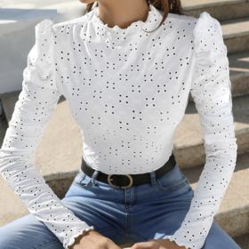 Ladies' Black Fungus Edge Collar Cuffs Hollowed Out Slim Fit Date Party Simple And Versatile Long Sleeved T-shirt (Option: White-S)