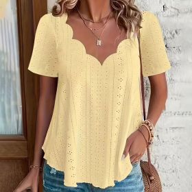 Womens Summer Scallop Trim V Neck Eyelet T-Shirt Short Sleeve Top Dressy Casual Tunic Blouses (Option: Yellow-S)