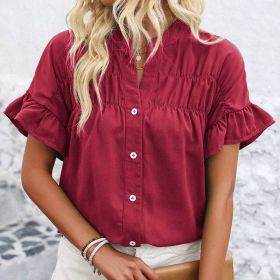 Womens Summer Ruffle Short Sleeve Button Down Shirts Dressy Casual V Neck Business Work Blouses (Option: Red-S)