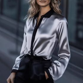 Women's Satin Color-Block Long-Sleeve Shirt Top (Option: Gray-S)