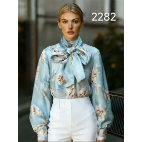 Gentle Wind Blue White Flower Lace Bubble Sleeve Commuter Top (Option: Blue-M)