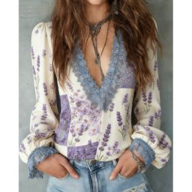 French Retro Style Printed Lace Patchwork Shirt For Women (Option: Purple-M)