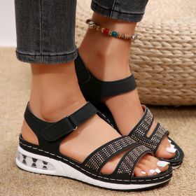 Summer Rhinestone Wedges Sandals Casual Sports Air Cushion Bottom Beach Shoes For Women Roman Sandals (Option: Black-Size36)
