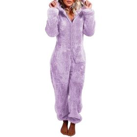 European And American Autumn Winter Women's Wear Fleece-lined Thick Furry Jumpsuit Hooded Cat Ear Pajamas (Option: Pale purple-S)