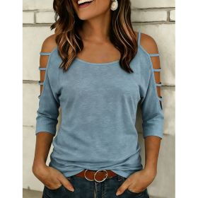 Womens Round Neck Three-Quarter Sleeve, Off-Shoulder Loose Top (Option: Light Blue-L)