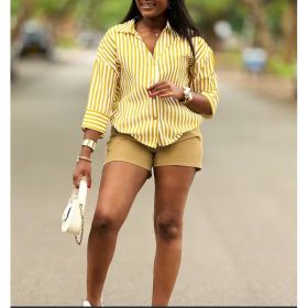 Vintage Striped Loose-fit Shirt (Option: Light Yellow-XXL)