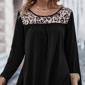Ladies' Fashionable Casual Printed Round Neck Long Sleeved Home T-shirt Top (Option: Black-S)