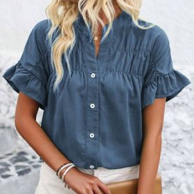 Womens Summer Ruffle Short Sleeve Button Down Shirts Dressy Casual V Neck Business Work Blouses (Option: Denim Blue-S)