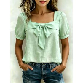 Womens Casual Square-neck Top With A Bow (Option: Light Green-S)