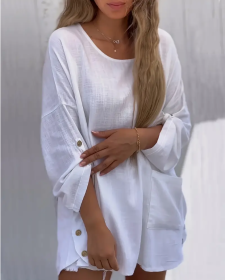 Cross-Border Women'S Fashion Casual Solid Color Comfortable Pocket Pullover Long Top With Slight Transparency. (Option: White-S)
