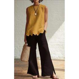 Linen-Style Round Neck Scallop Hem Sleeveless Top (Option: Yellow-XXXL)